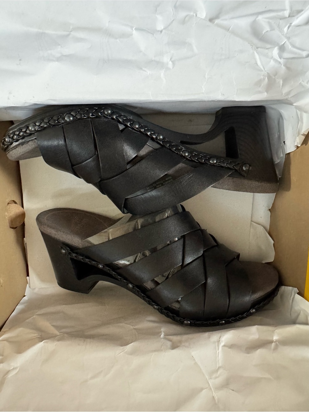 Dansko Black Woven Leather Mules, Orig. Box